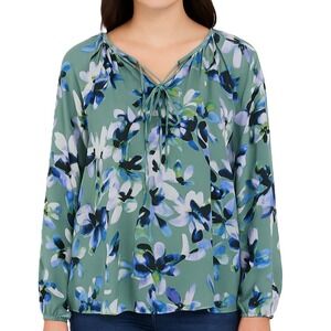 Simply Vera Vera Wang Womens PL Green Blue Floral Blouse Elegant Spring Top